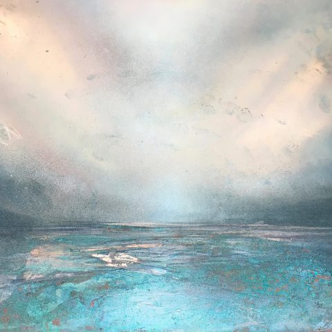 Winter Rays | 400mm square | Mixed media on verdigris copper sheet