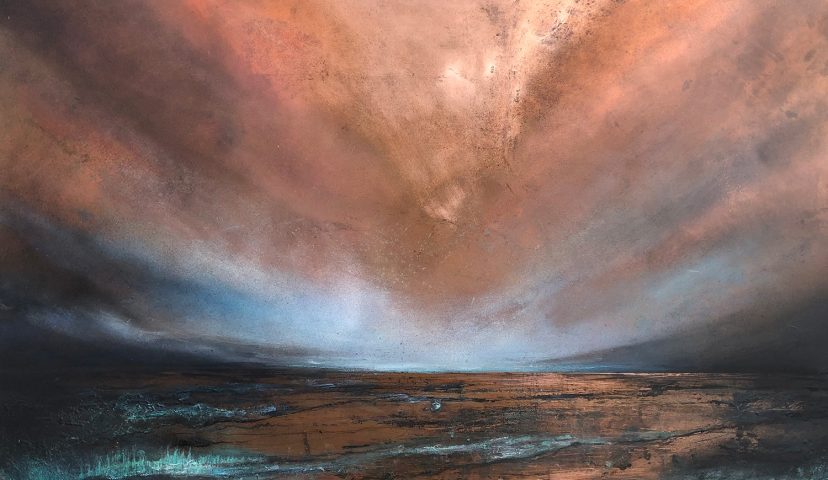 Copper Sunset Burst | 1000mm x 600mm | Mixed media on copper sheet, using acid, spray paints and weathering
