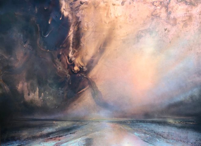 Lost Empyream | 1400mm x 1000mm | Mixed media on burnt copper with chemical reactions, oil, water-based paint and pastels, by Julie Oldfield