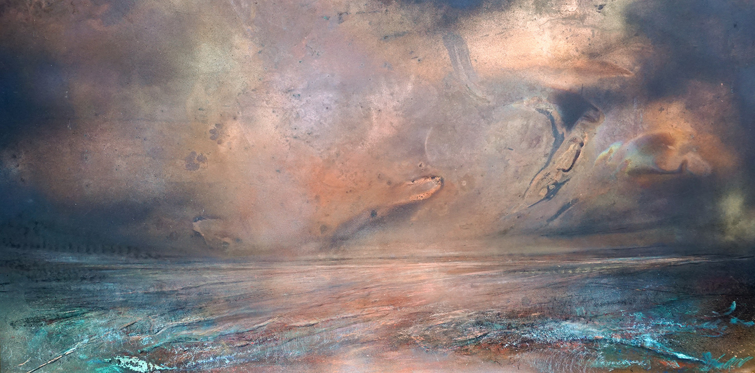 Copper Storm | 1400mm x 700mm | Mixed media on burnt and weathered copper sheet, using acid for chemical reactions