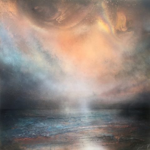 Sky Glimmers | 1000mm square | Mixed media on burnt copper sheet