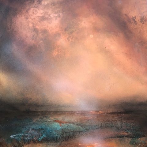 Tarnished Vapour Light | 800mm square | Mixed media on burnt and weathered copper sheet using acid for chemical reactions