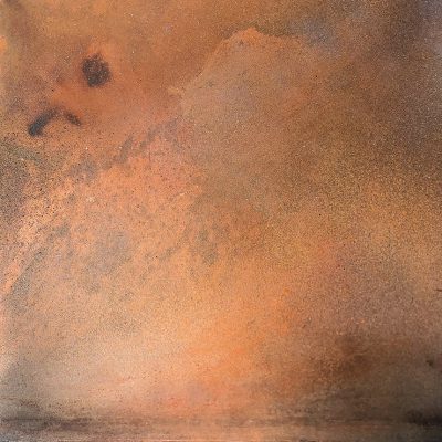 Copper Verdigris Light | 500mm x 1200mm | Mixed media on burnt copper with acid to form verdigris, by Julie Oldfield